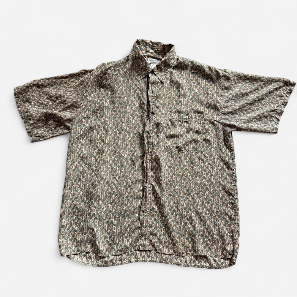 Vintage Bogari 100% Silk Shirt, Green & brown geometric pattern Size XL